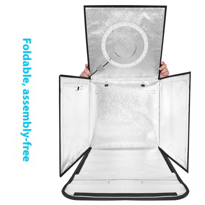 50cm studio light box with metal frame, reflective cloth interior, and USB cable for product photography.