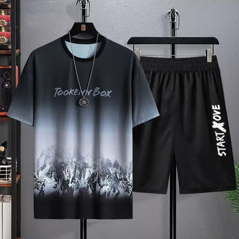 Men's light blue short sleeve t-shirt and matching shorts set for summer casual wear.