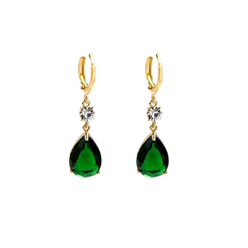 Green geometric teardrop alloy earrings showing structured design from multiple angles