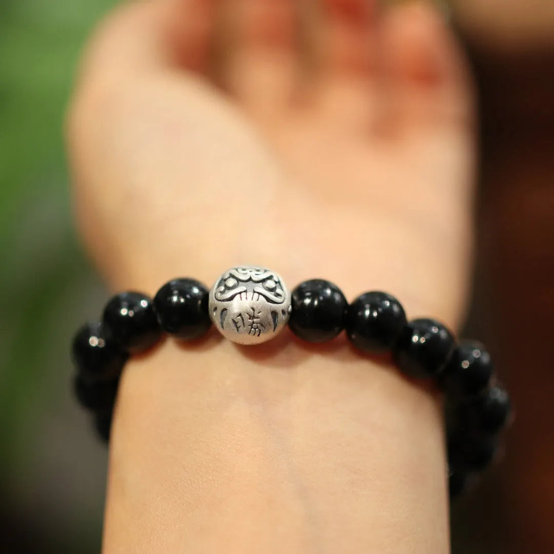10mm black agate beads and sterling silver Chinese style bracelet with manual craftsmanship