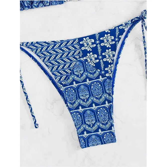 Women's split bikini swimsuit with stitching bandage design in polyester fabric