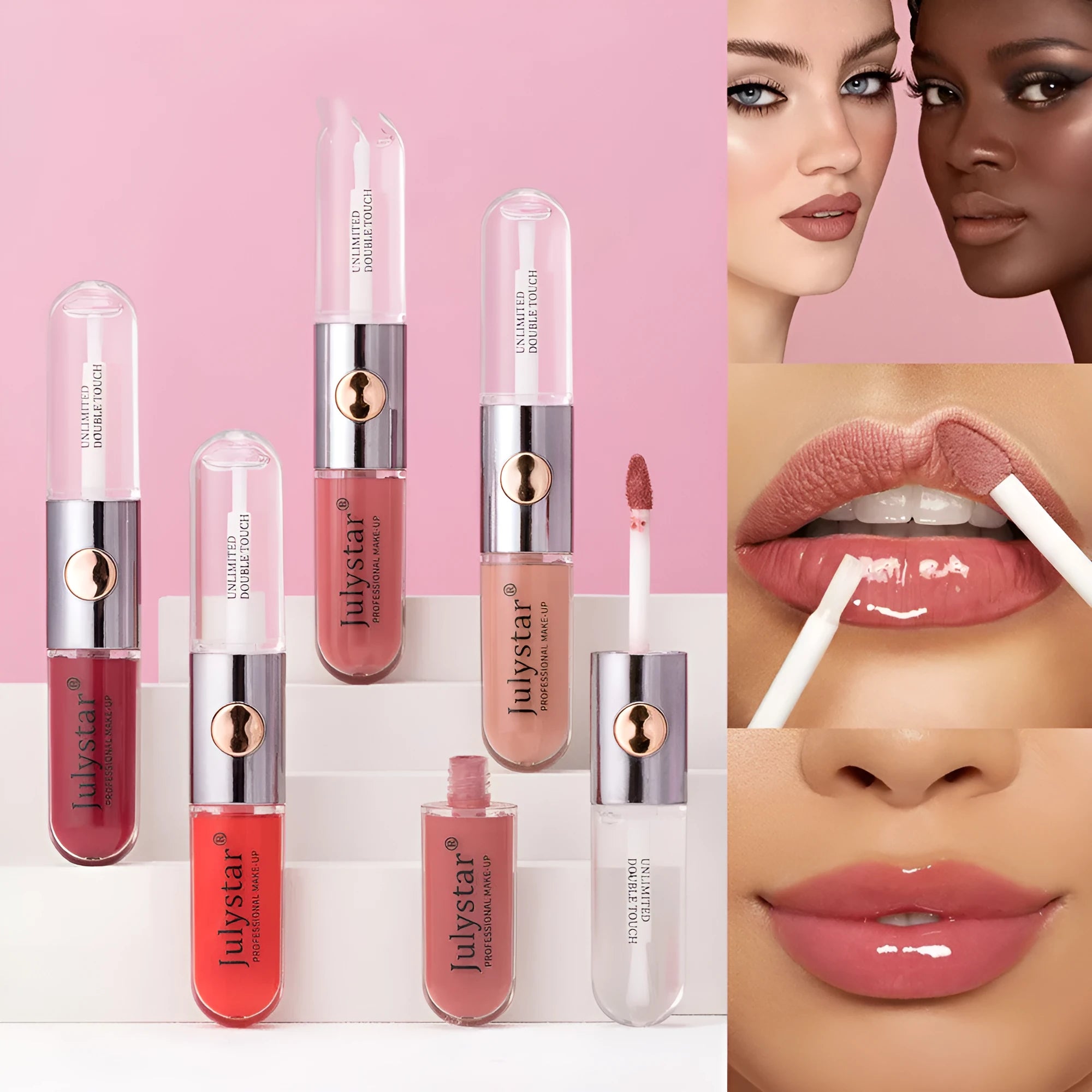 Women's lasting lip gloss tube showing 6ml content, available in nine colour style options for universal skin types