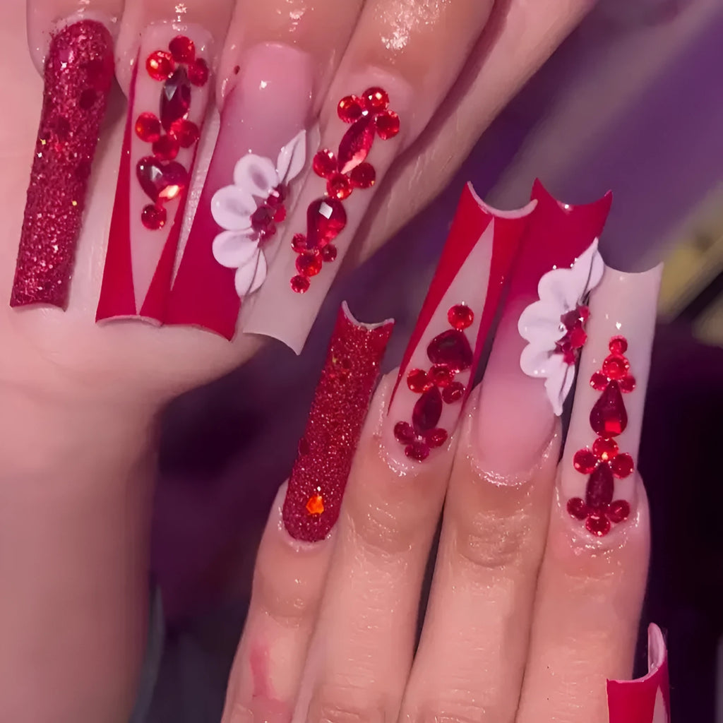 Sweet Flowers pattern false nails with prismatic red diamonds in European Square long style with nail glue and file