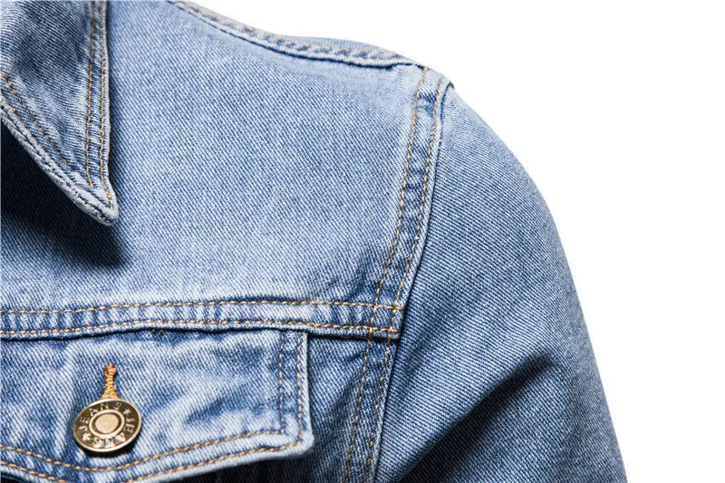 Men's denim jacket in black with lapel collar, single-breasted placket, and long sleeves, front view
