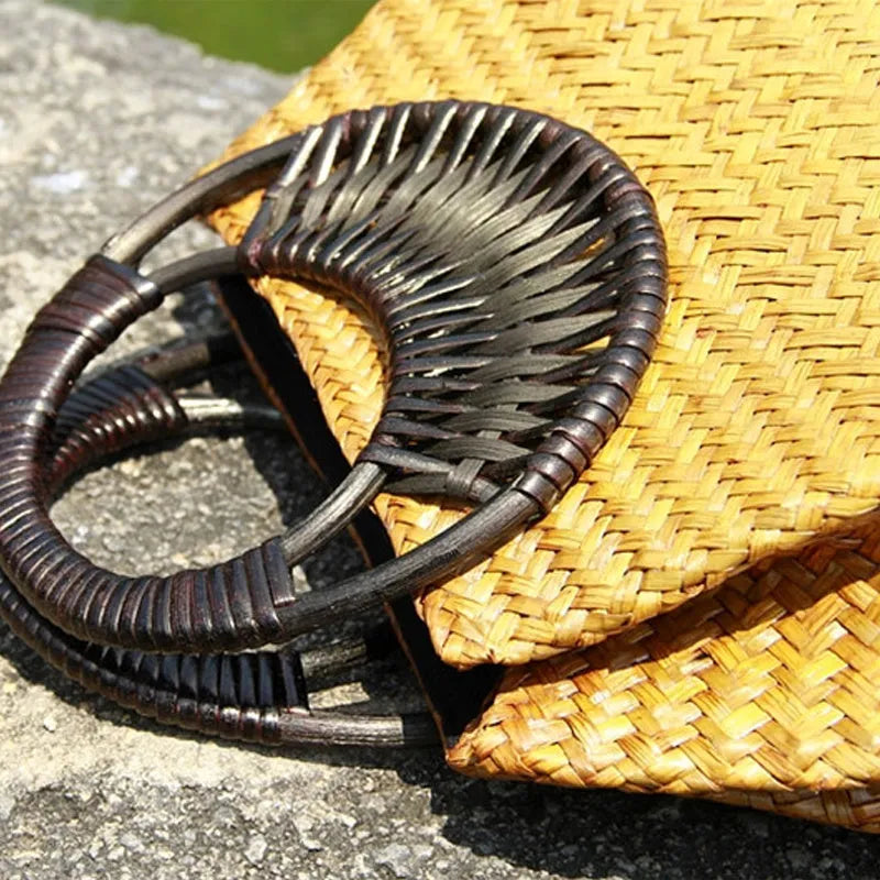 Handwoven rattan straw bag with wooden handle and cotton lining, 32 cm, in khaki colour