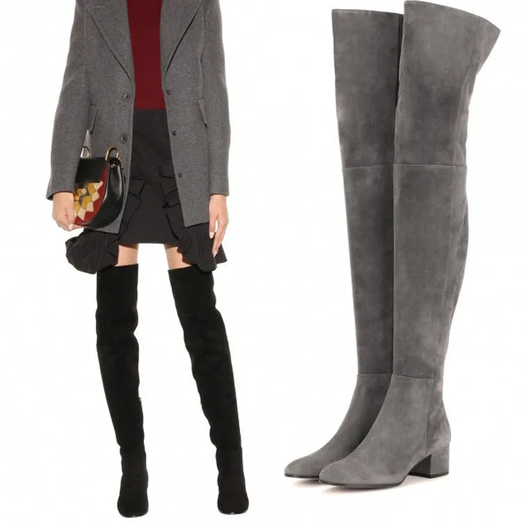 Women's grey suede over-the-knee flat boots with pointed toes and low thick heel