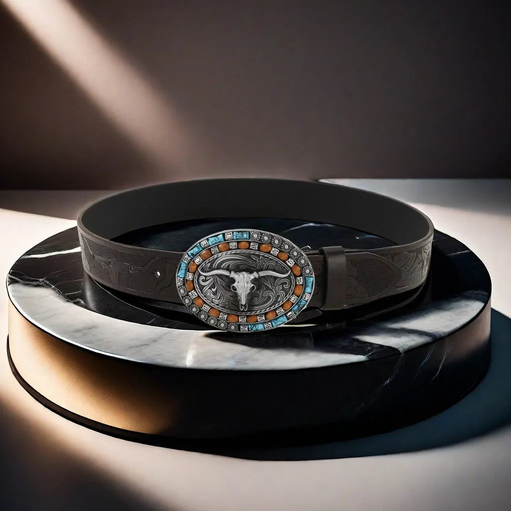 Men's black imitation leather belt with a detailed silver alloy cow head buckle and pin buckle fastening.
