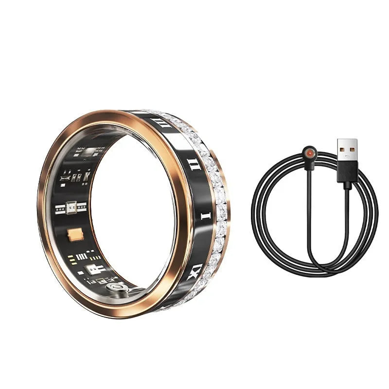 Silver and gold smart rings with diamond inlay displaying blood oxygen monitoring functions