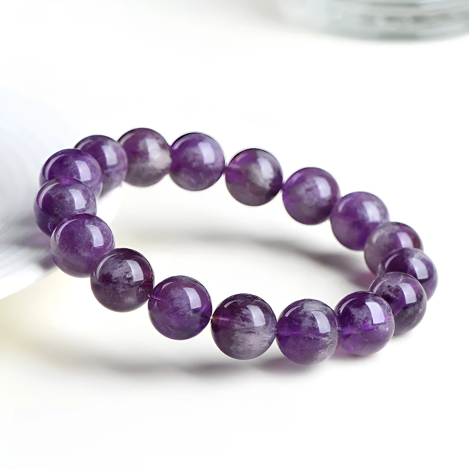 Natural Feather Amethyst crystal bracelet in Snow Mountain Purple with geometric and Ruyi beads