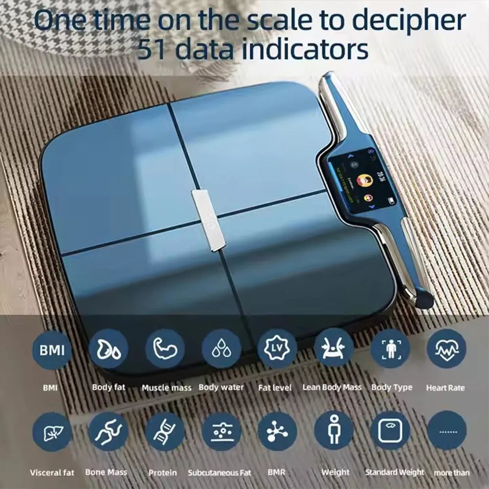 Black eight-electrode intelligent body fat and weighing scale for home use.