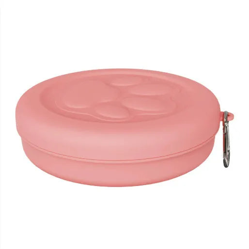 Portable collapsible dog bowl with attached snack box in light pink and light green colour options