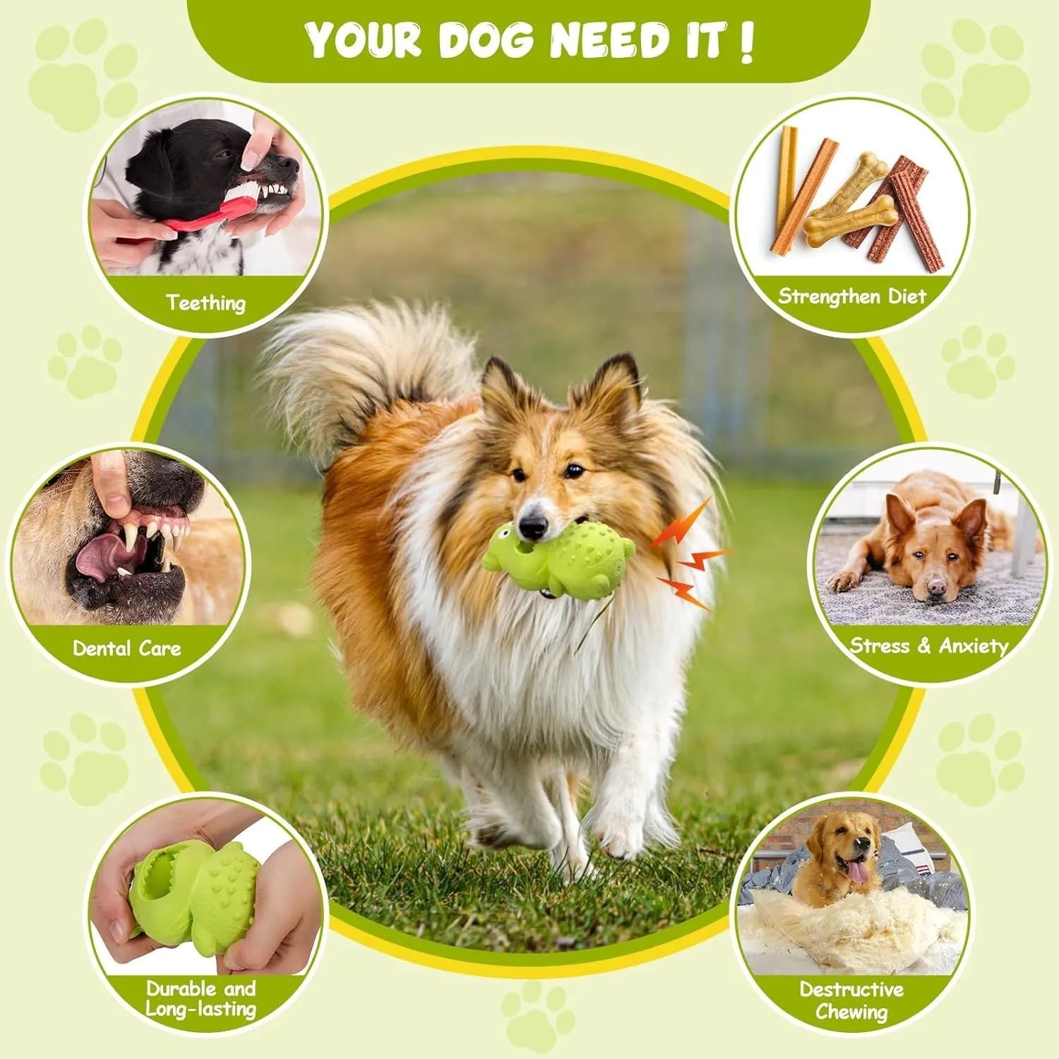 Green and yellow thick natural rubber squeaky dog chew toy for large breed dogs.