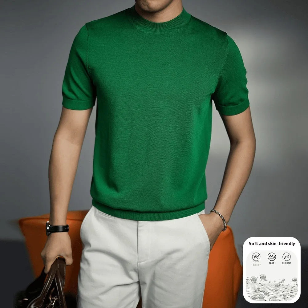 Men's knitted round neck T-shirt in a solid colour, showing short sleeves and non-iron finish.