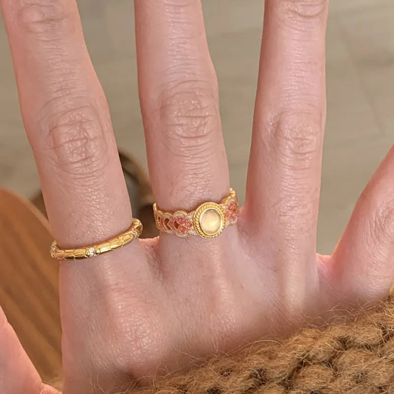 Pink crystal enamel geometric open ring with gold plating on copper base