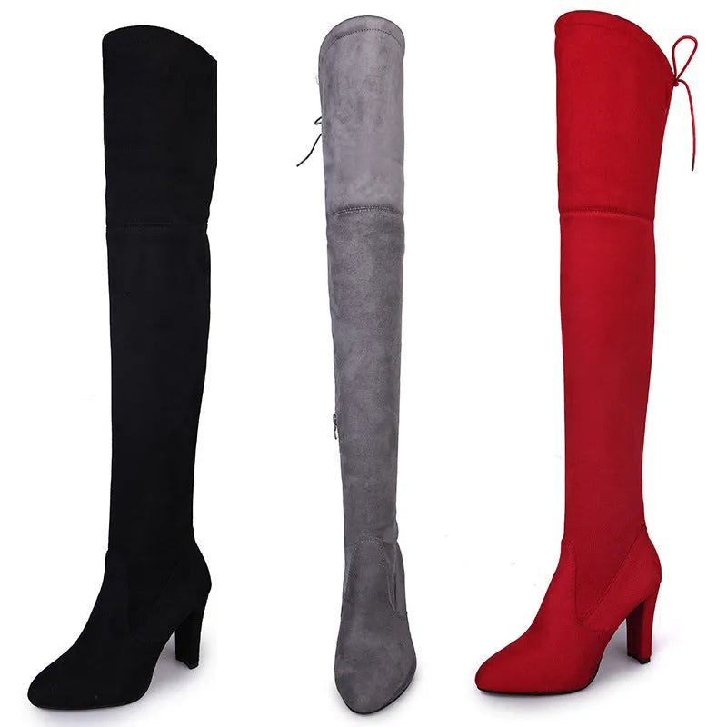 Black knee high boots for women with thick heel and round toe