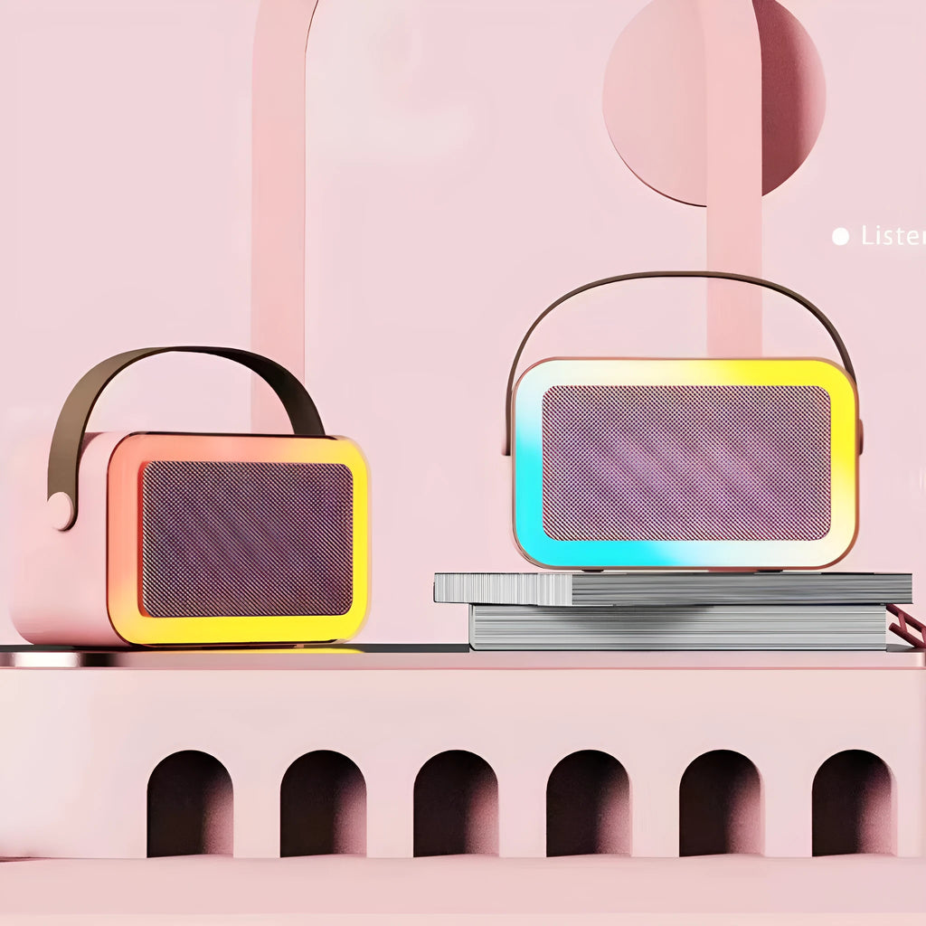 Portable Bluetooth karaoke speaker in white, pink or sky blue with microphone