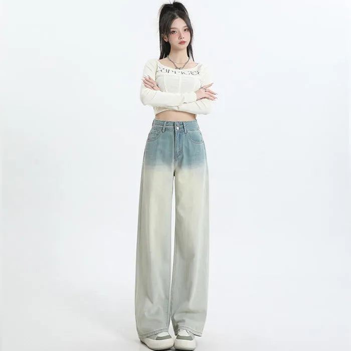 Women's gradient blue straight-leg denim trousers with wide leg cut in cotton blend fabric