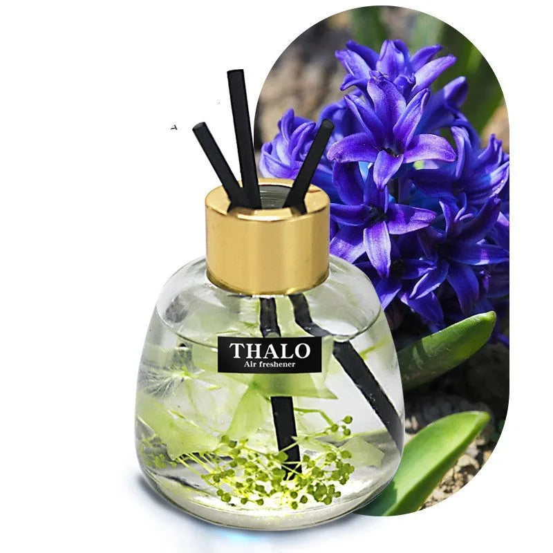 Clear glass bottle car perfume ornament for loose incense aromatherapy, shown in a car interior.