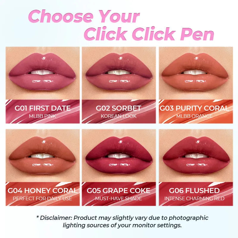 Waterproof moisturising lipstick in a case, showing one of six available colour shades.