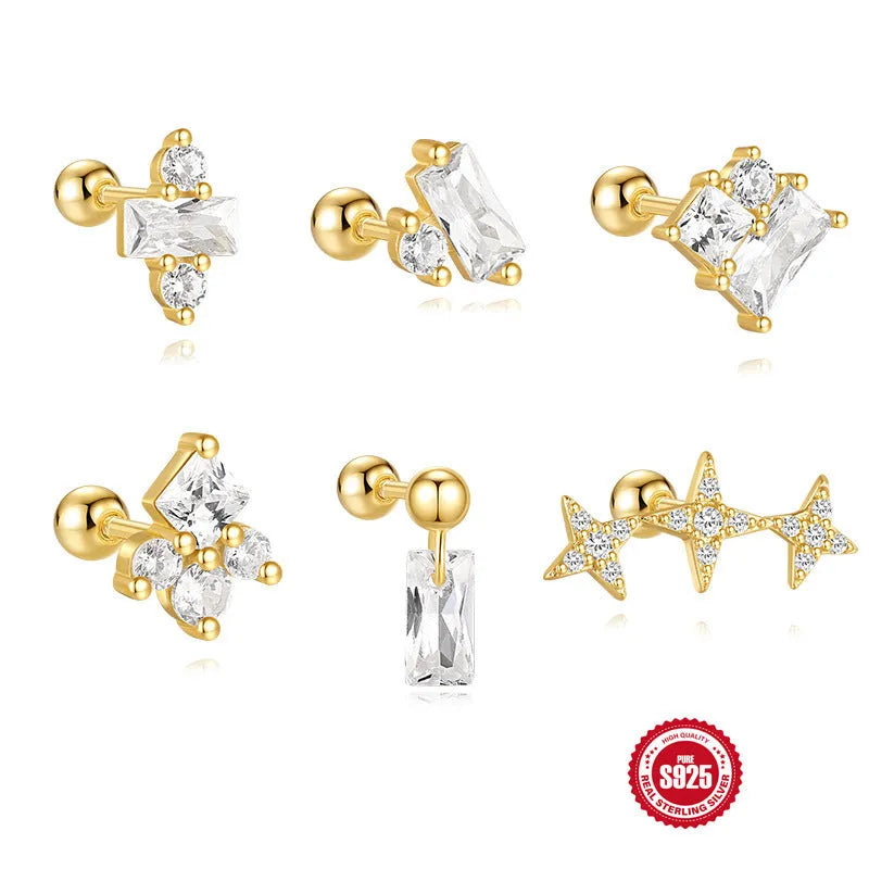 S925 sterling silver red square gravel stud earrings with floral design in gold electroplated finish