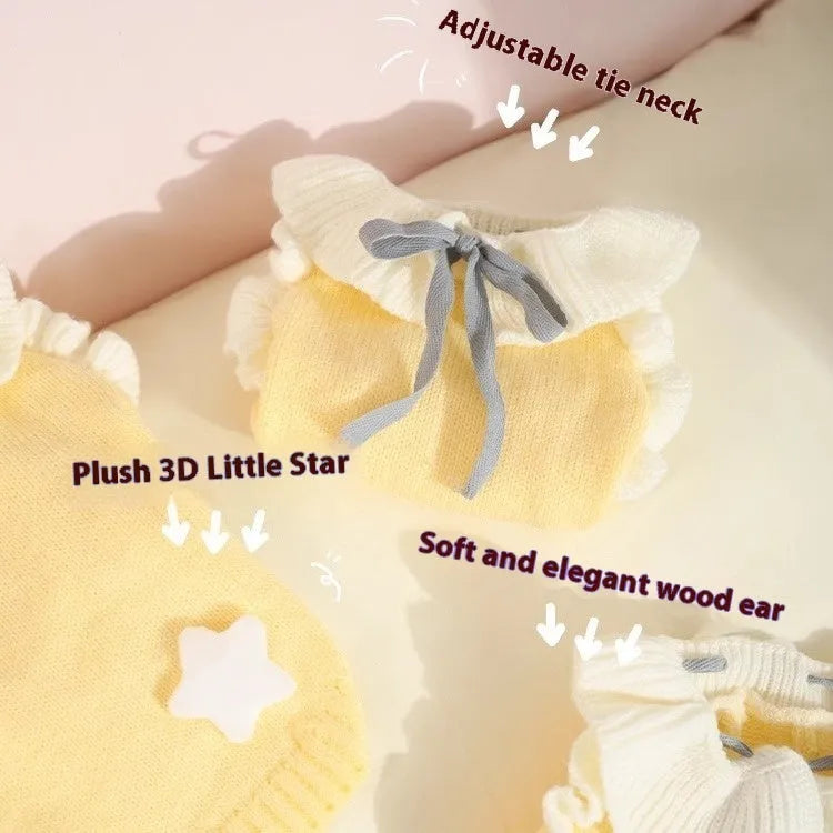 Yellow acrylic dog sweater shown on small breed pet with chest measurement guide