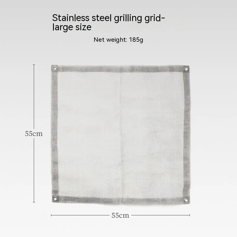 Silver stainless steel barbecue grill set with a fitted grill net, shown in medium and large size options.