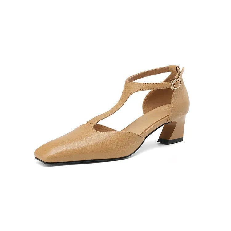 Women's wine red French retro square toe chunky heel buckle shoes made of sheepskin leather