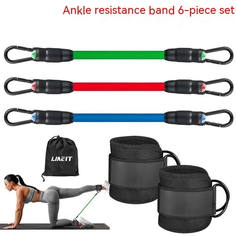 Three TPE resistance bands in different colours with foot loops and storage bag for leg and hip exercises.