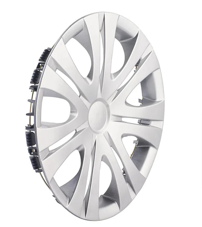 Universal silver ABS plastic wheel hub cover for a car on a 15-inch wheel.