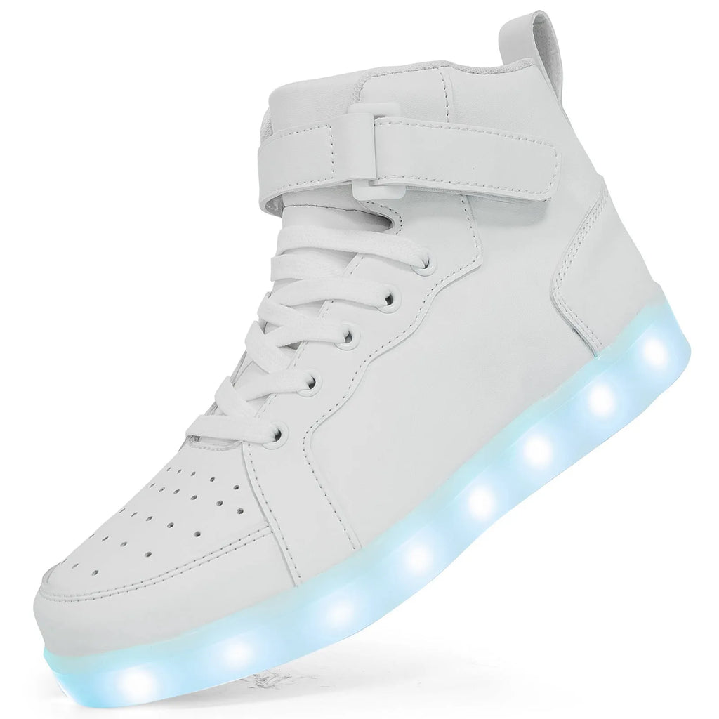 LED high-top board shoes with rechargeable lighting in black colour showing Velcro fastening