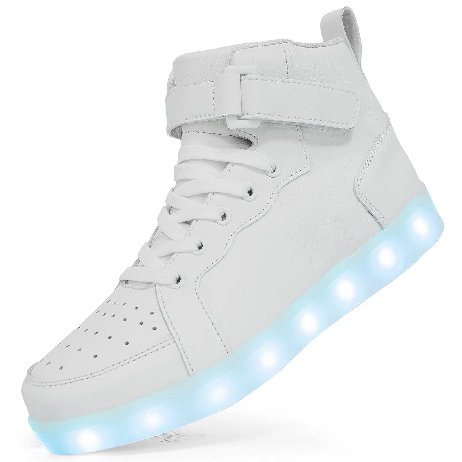 LED high-top board shoes with rechargeable lighting in black colour showing Velcro fastening