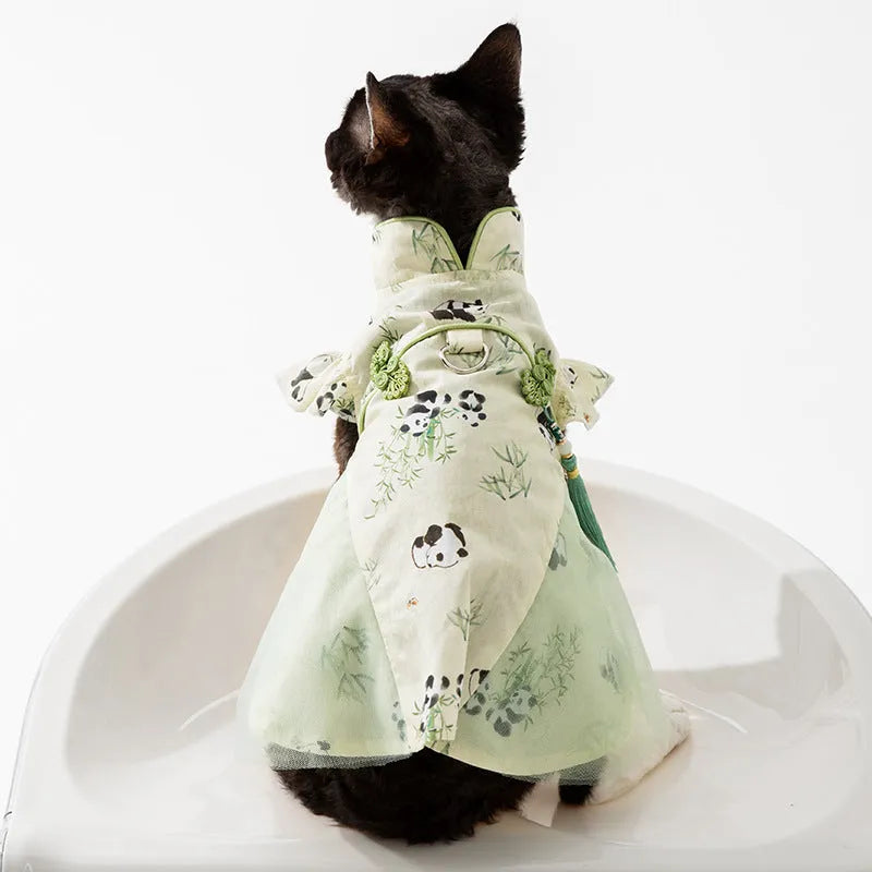 Chinese style panda bamboo leaf woven fabric cat skirt for hairless cats in national style tassel dress option