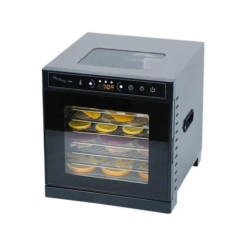 Stainless steel fruit dehydrator with multiple trays and an LED control panel.