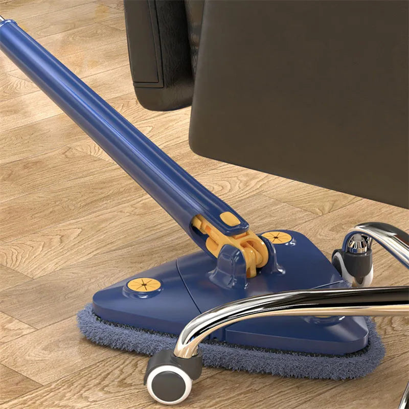 Blue triangle cleaning mop with extendable pole and rotating head for corner cleaning