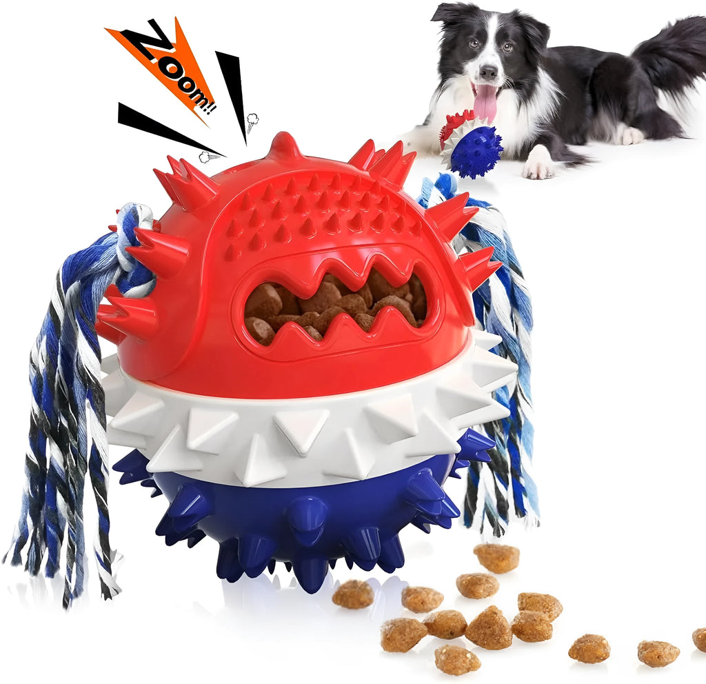Blue and red TPR rubber dog chew toy with dental bumps, squeaker, and treat dispenser hole.