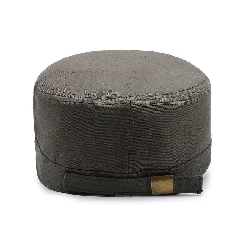 Men's cotton flat-top peaked cap in adjustable size, shown in dark blue army green colour.