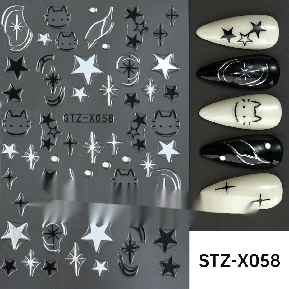 Plastic sheet of black, silver, and cartoon design nail art stickers for DIY manicures.