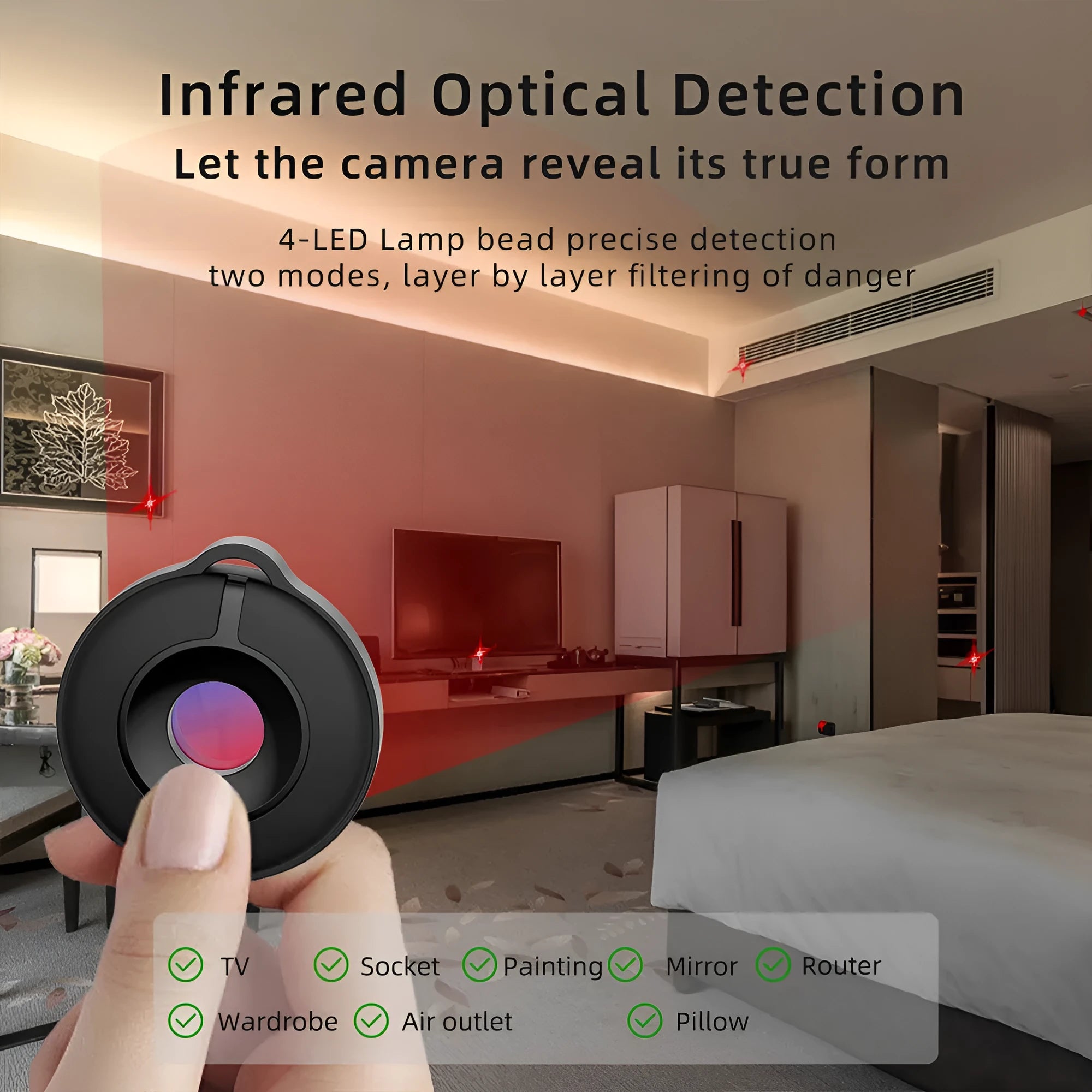 Infrared camera detector with compact design for finding hidden cameras up to 5 metres away