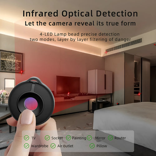 Infrared camera detector with compact design for finding hidden cameras up to 5 metres away