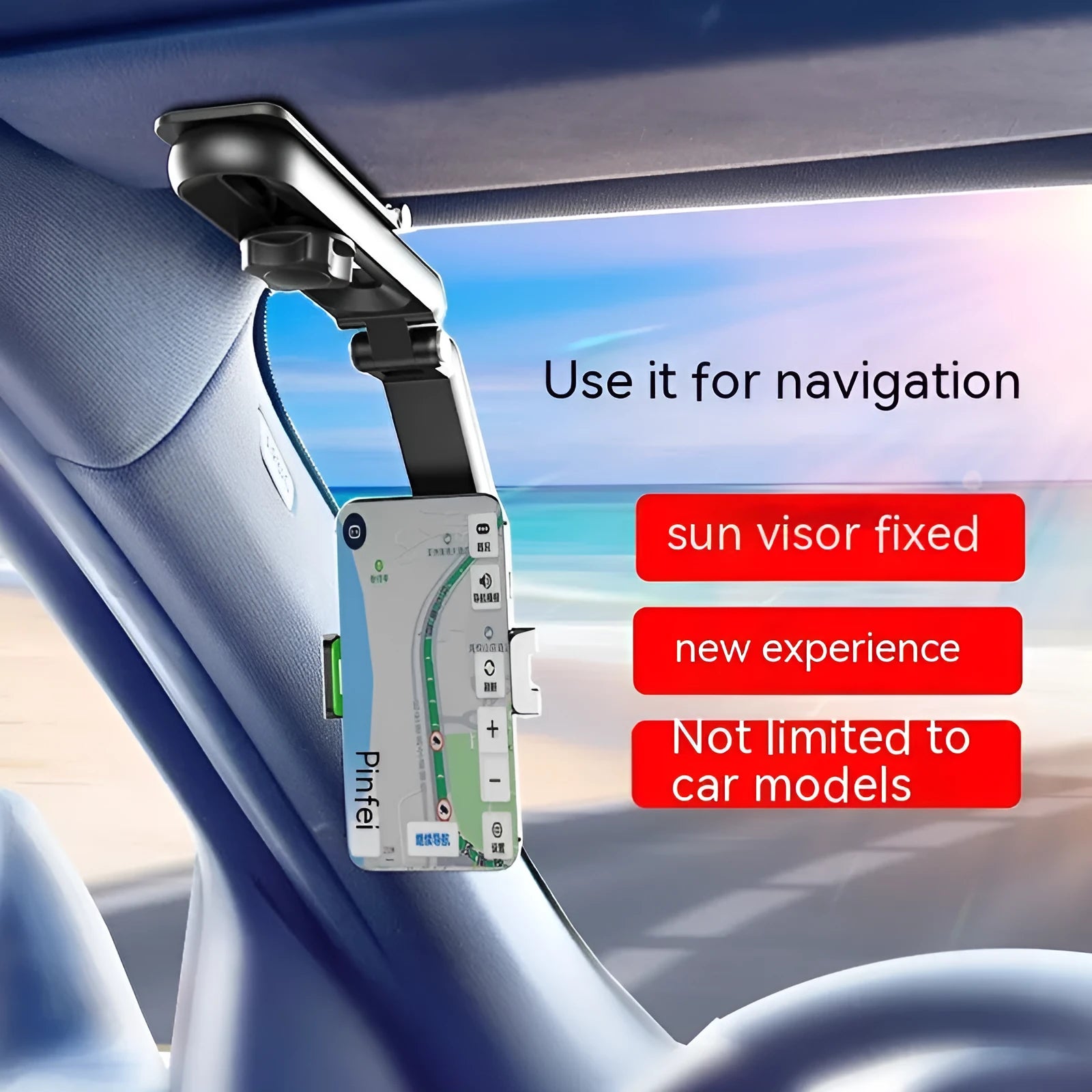 Grey and green car mobile phone holder bracket with one-click stable clip for dashboard mounting.