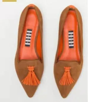 Women's low-cut pointed-toe colourblock tassel flat shoes in Brown Green and Brown Orange on a clean background