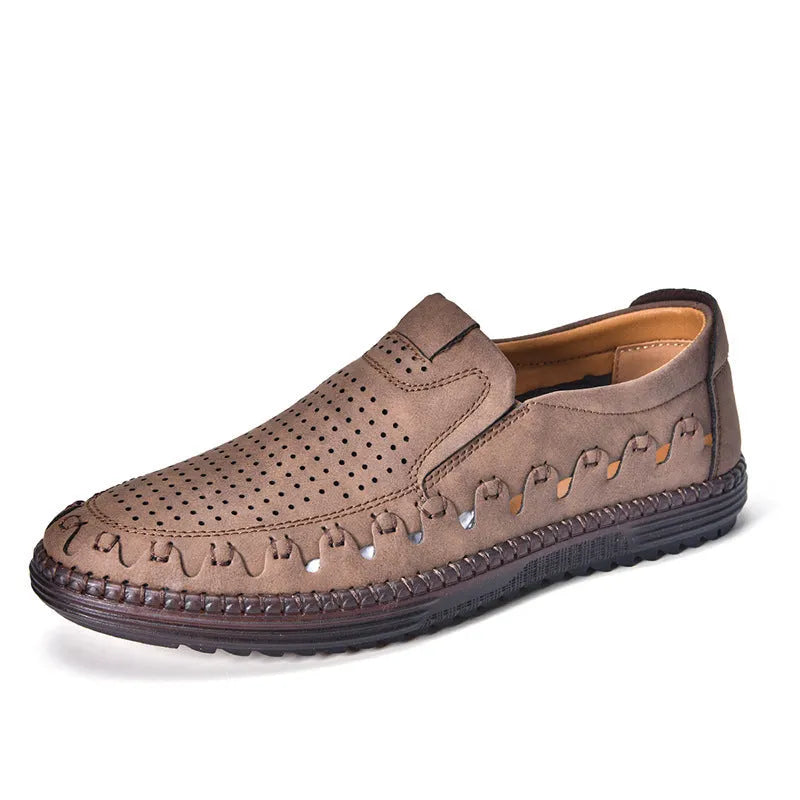 Men's brown slip-on casual shoes with round toe, flat heel, and visible sewing line details.