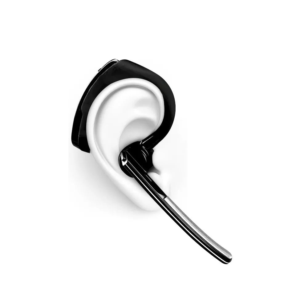 V9 Jerry black wireless Bluetooth headset with earbud and microphone for hands-free calls on smartphones.