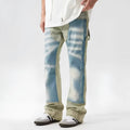 Retro dual-colour patchwork jeans with splash-ink damaged design in yellow and blue polyester denim