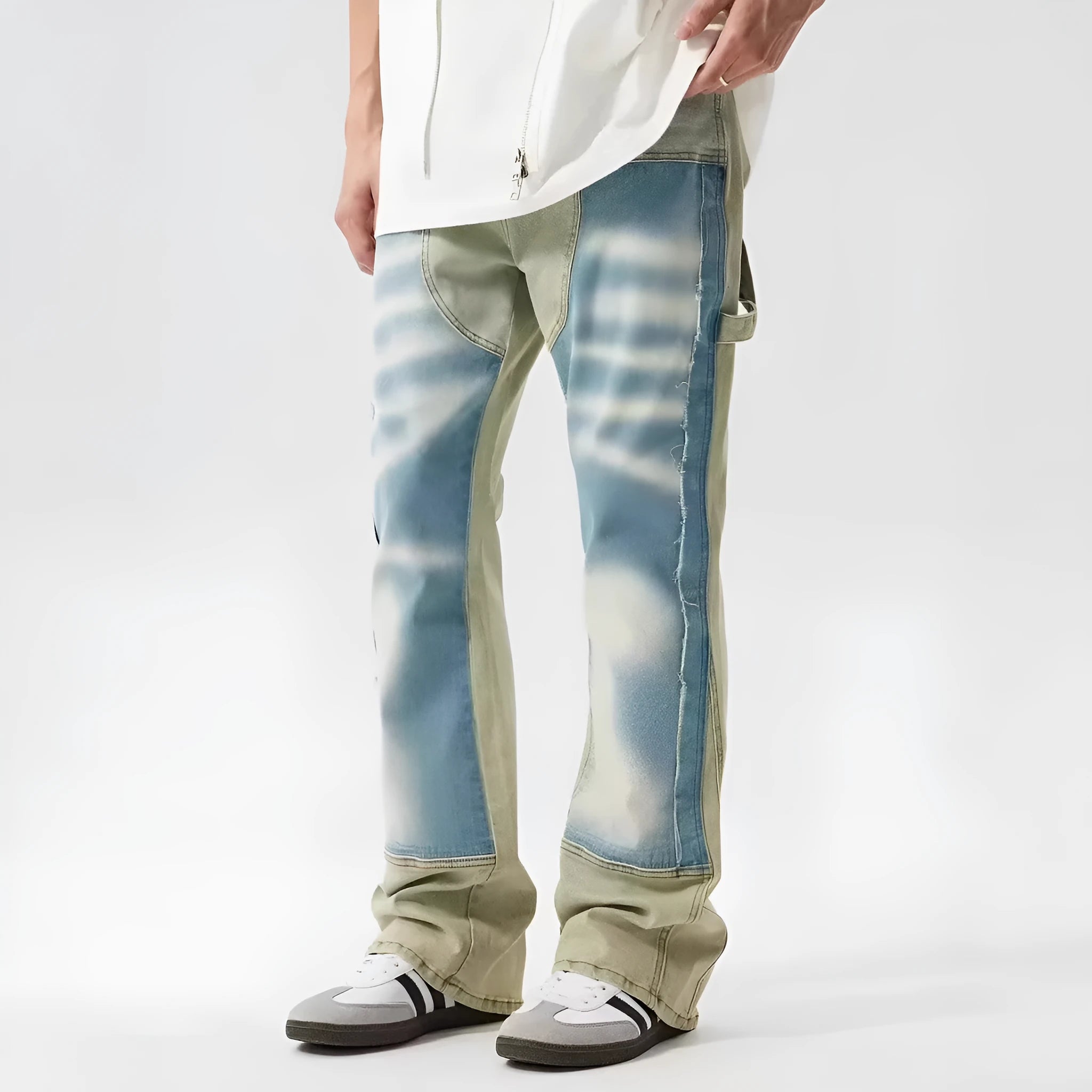 Retro dual-colour patchwork jeans with splash-ink damaged design in yellow and blue polyester denim