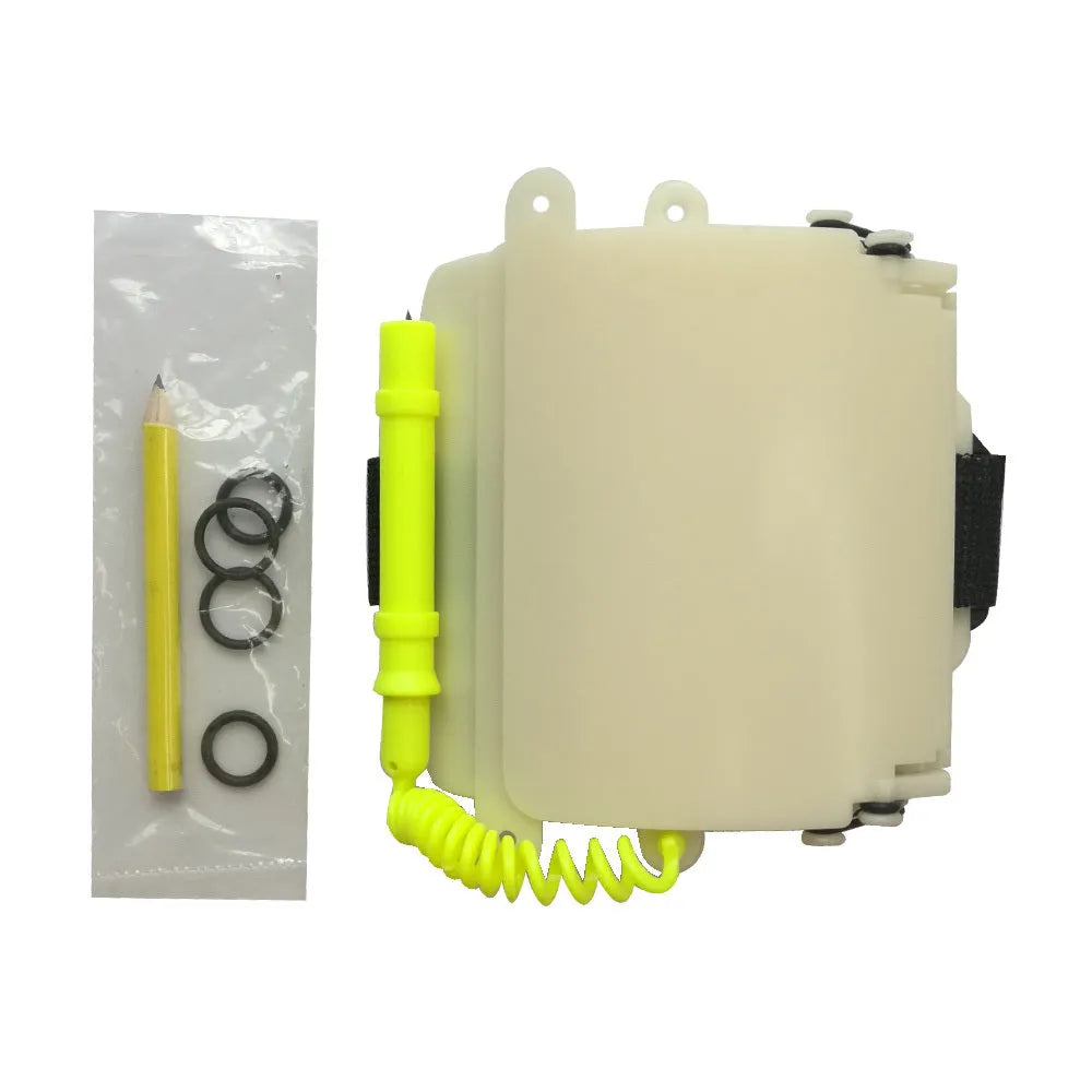 White luminous ABS underwater writing wristboard for diving jacket with pencil.