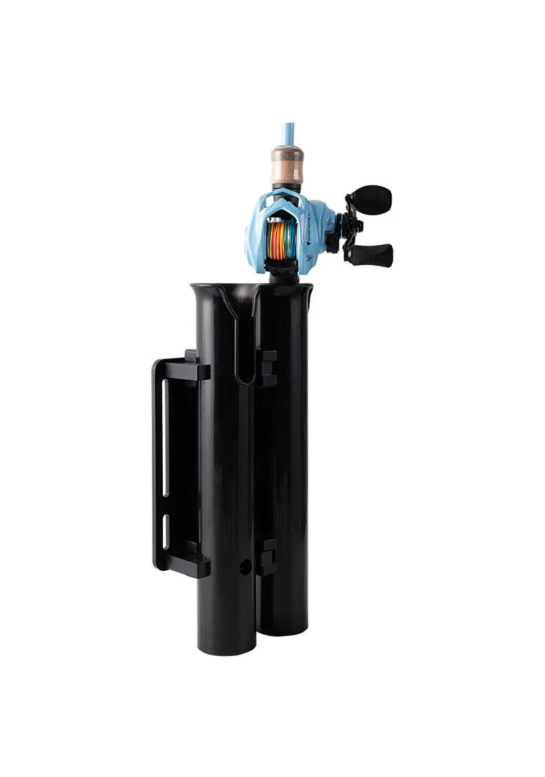 Plastic fishing rod rack with carbon finish mounted on a bicycle handlebar