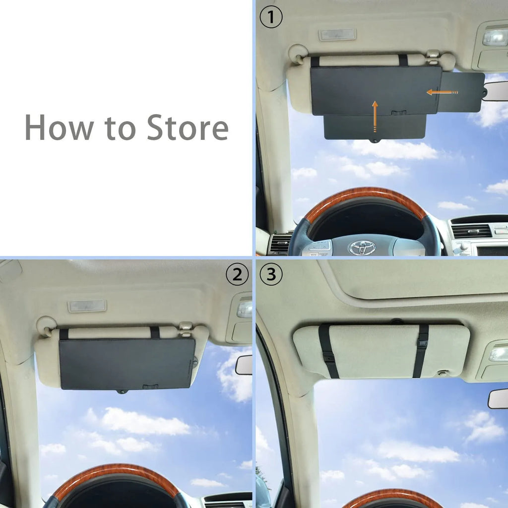 Portable retractable car sun visor in black PU leather, universal fit, 31cm width
