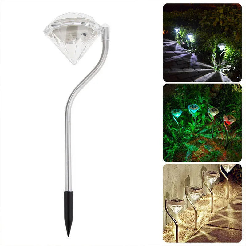 White solar-powered garden spotlight with adjustable head and solar panel on a stake for outdoor installation.