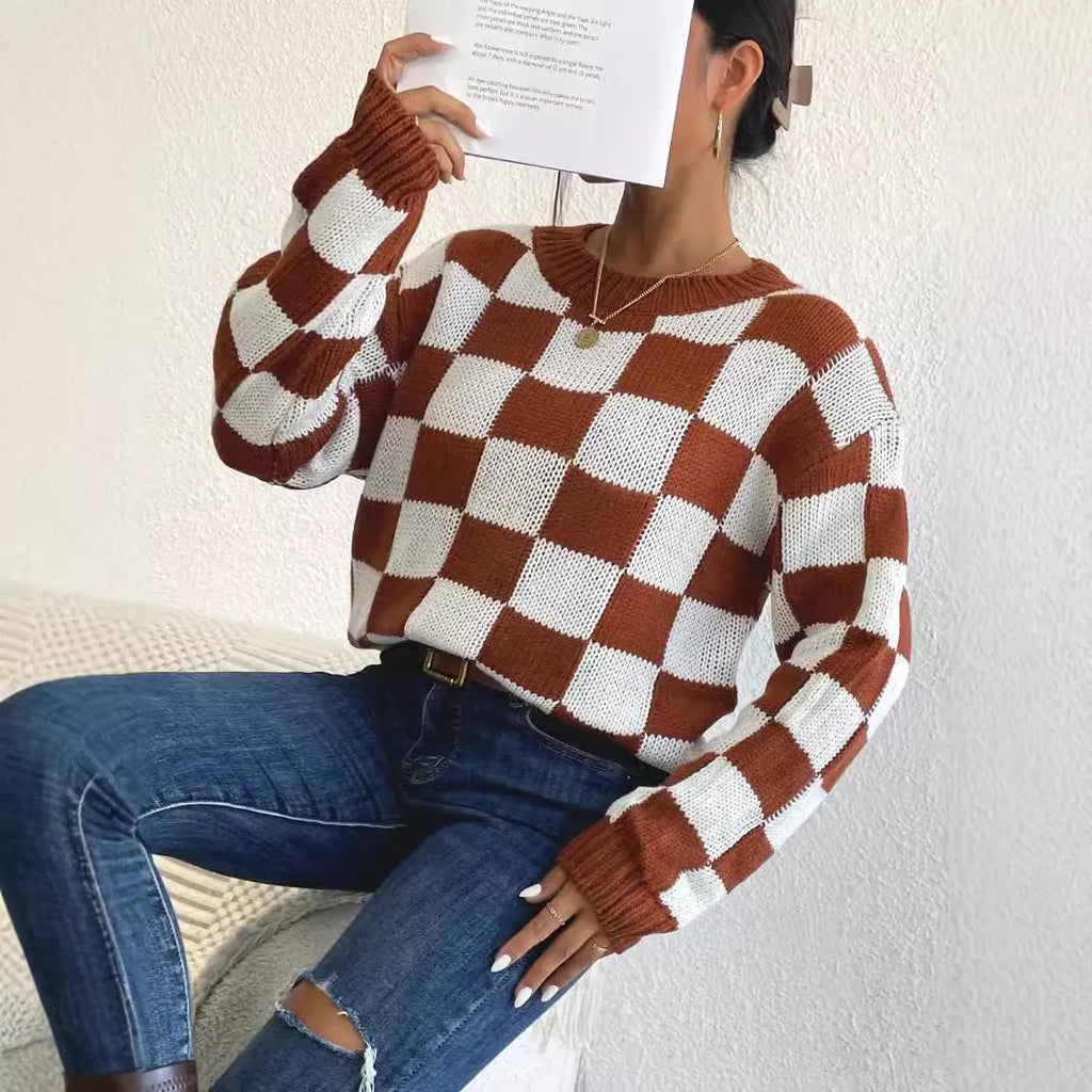 Dark brown plaid pattern acrylic pullover sweater with loose fit and long sleeves